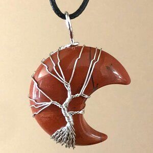 Red Jasper Crescent Moon Natural Gemstone Tree Of Life Wire Wrap Pendant